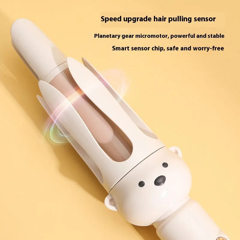Beige anion automatic hair curler with rotating ceramic barrel on stand