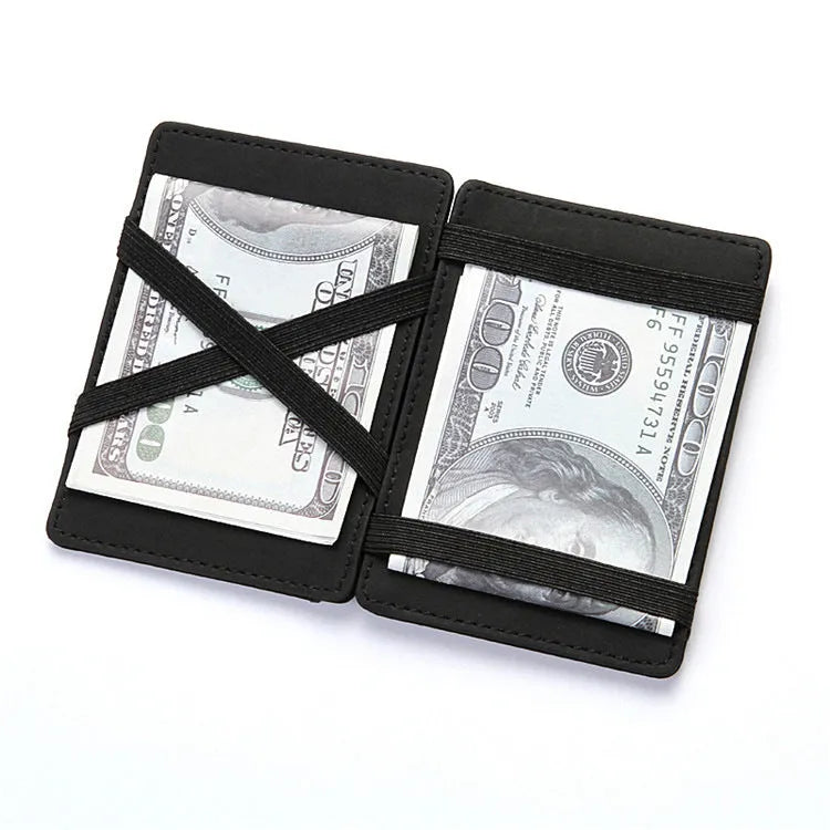 PU leather magic wallet open showing flip card holder and zippered coin purse in one of five colours.
