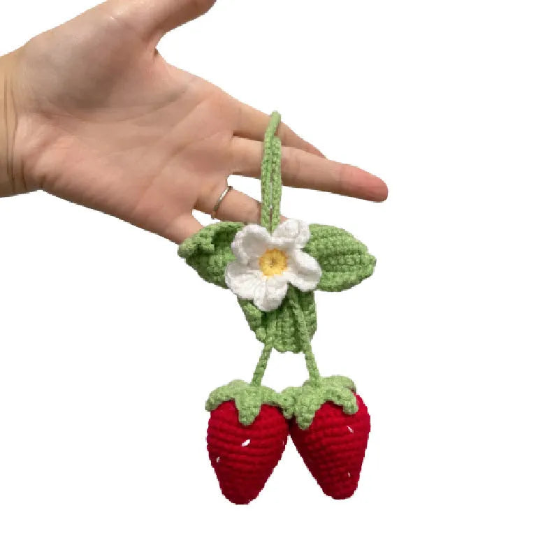 Handmade strawberry car pendant decoration made from cotton and hemp knitting wool