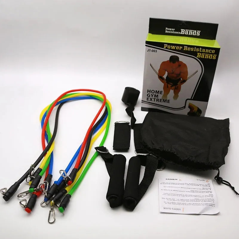 11-piece door sports combination pulling rope fitness set with large hook and small hook options on a white background.
