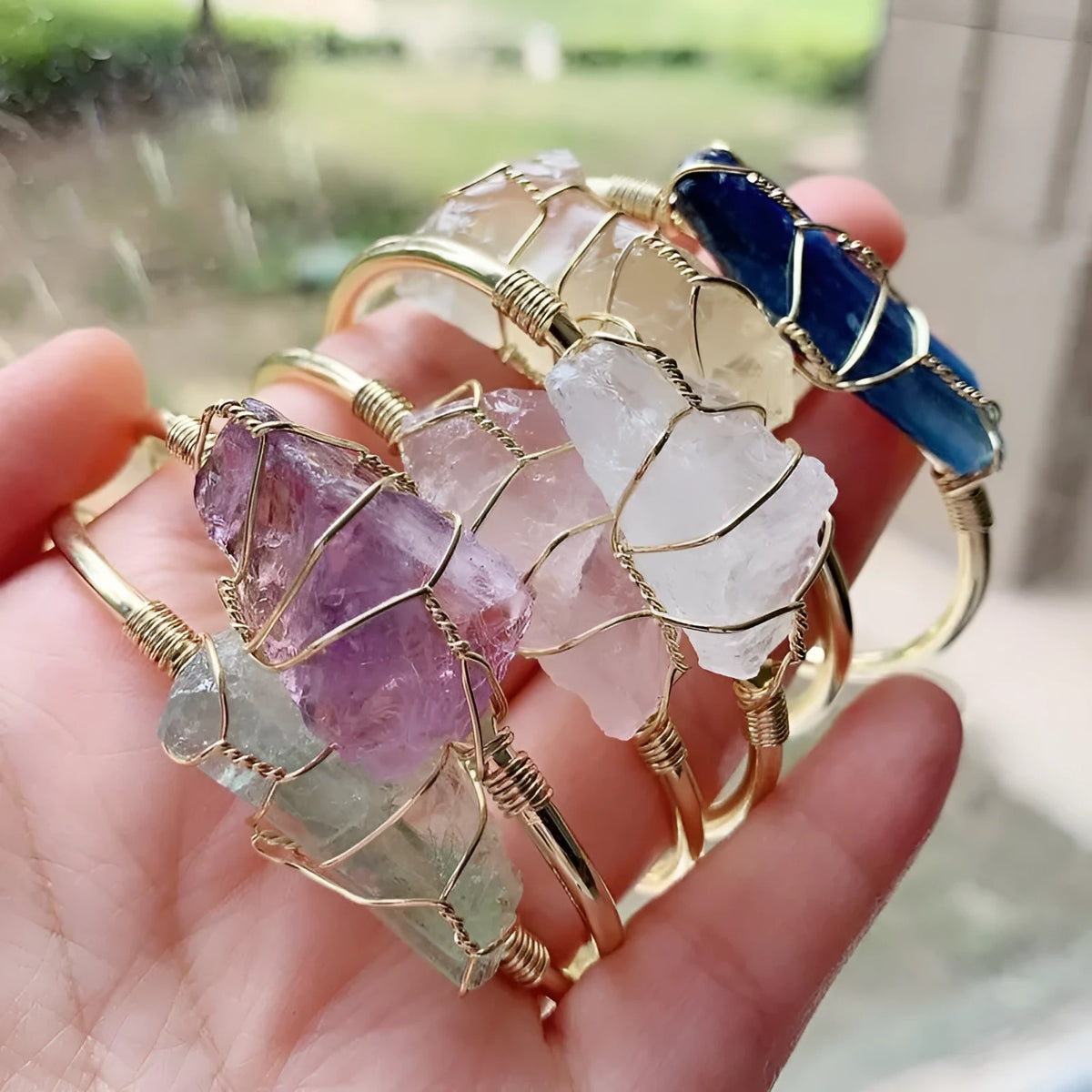 Natural crystal rough stone bracelet with gold geometric winding wire in bohemian style