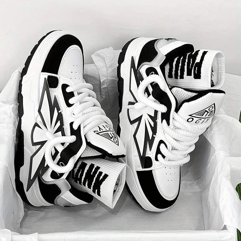 Men's white clunky sneakers with cartoon pattern, synthetic leather upper, rubber sole, and lace-up front.