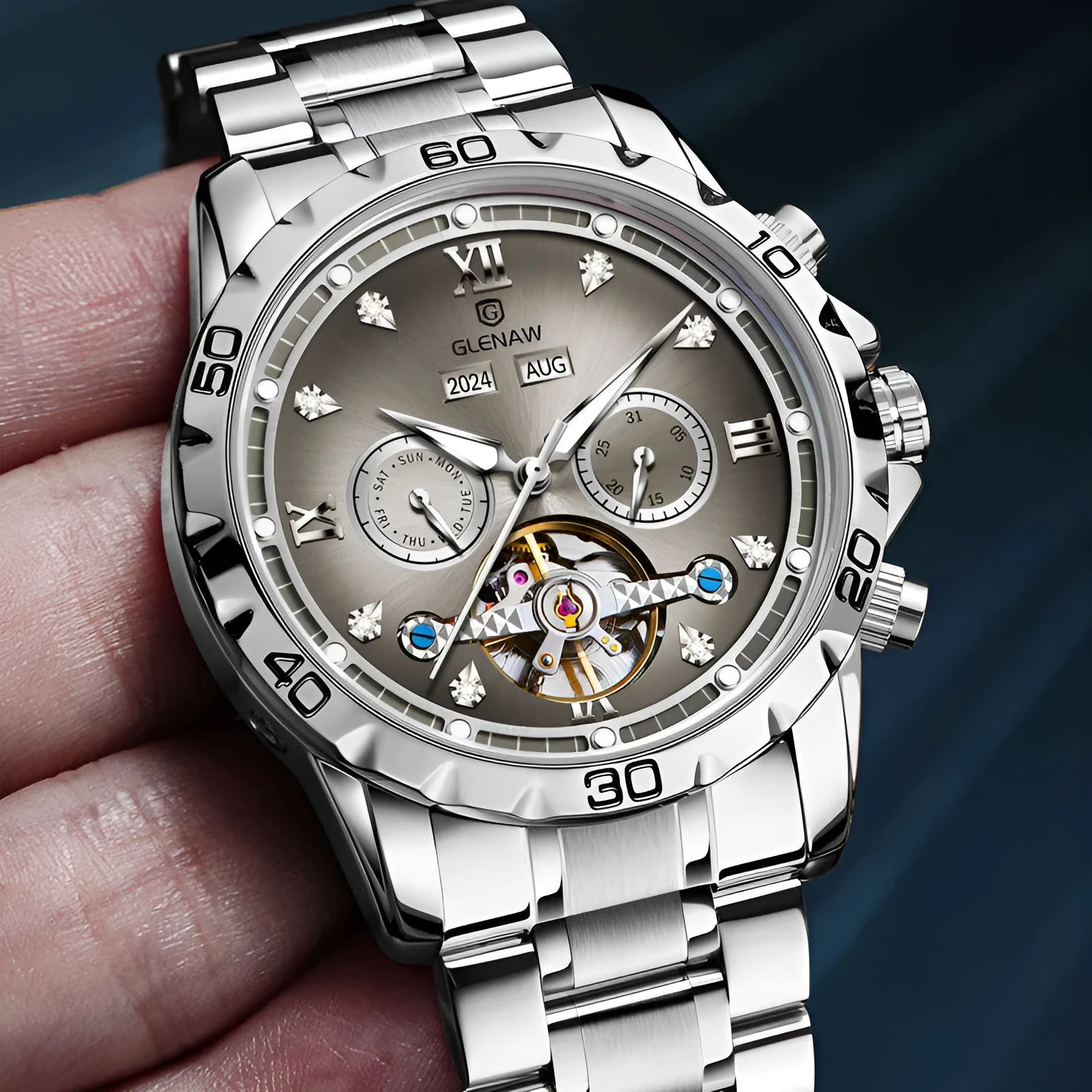 Men's automatic mechanical watch with mineral glass face and stainless steel strap in business style