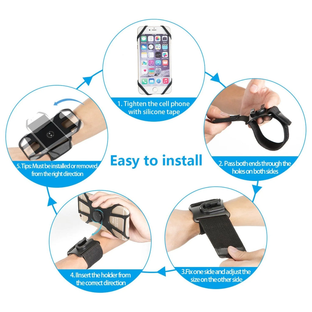 Black detachable swivel sports phone case with wrist strap, armband, silicone sleeve, and bicycle stand base