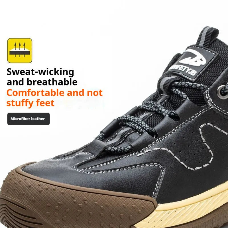 Leather and Flyknit work safety shoe with rubber sole shown in black, khaki, and grey colours