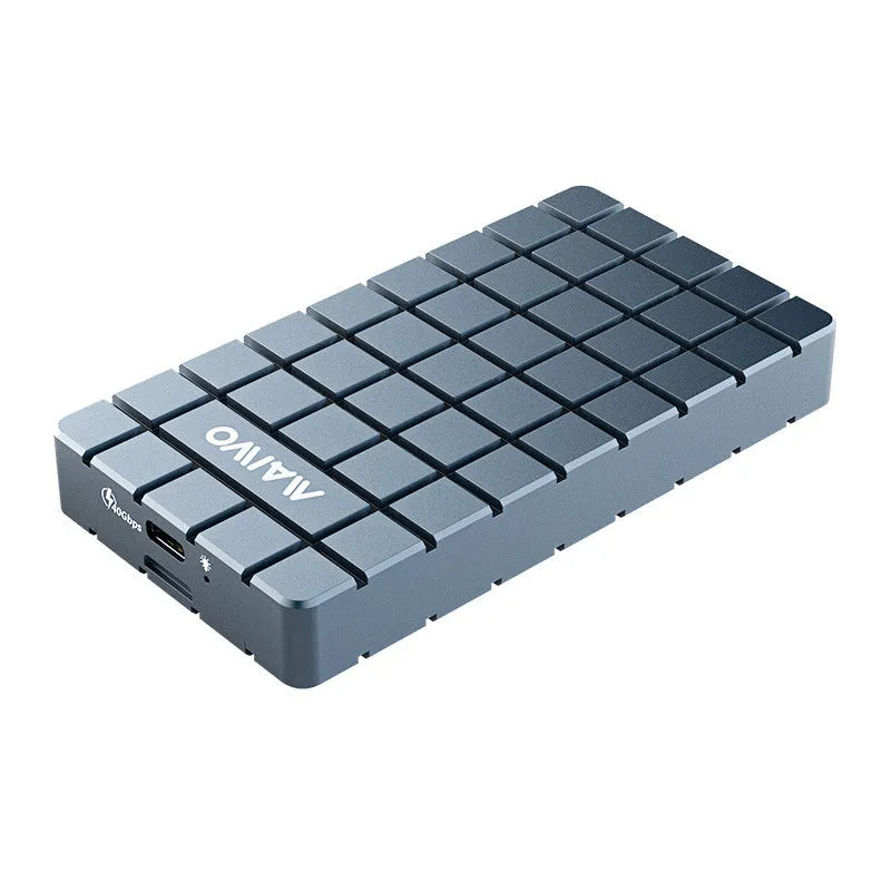 Silver aluminium USB4 hard disk box for solid state drives, showing compact design and USB-C port.