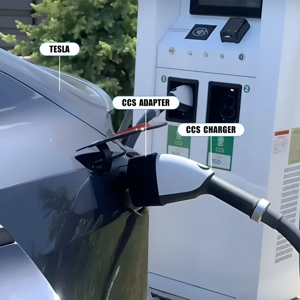 Black Tesla charging plug conversion adapter showing connector interfaces and housing