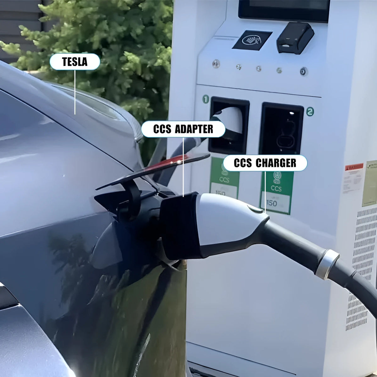 Black Tesla charging plug conversion adapter showing connector interfaces and housing