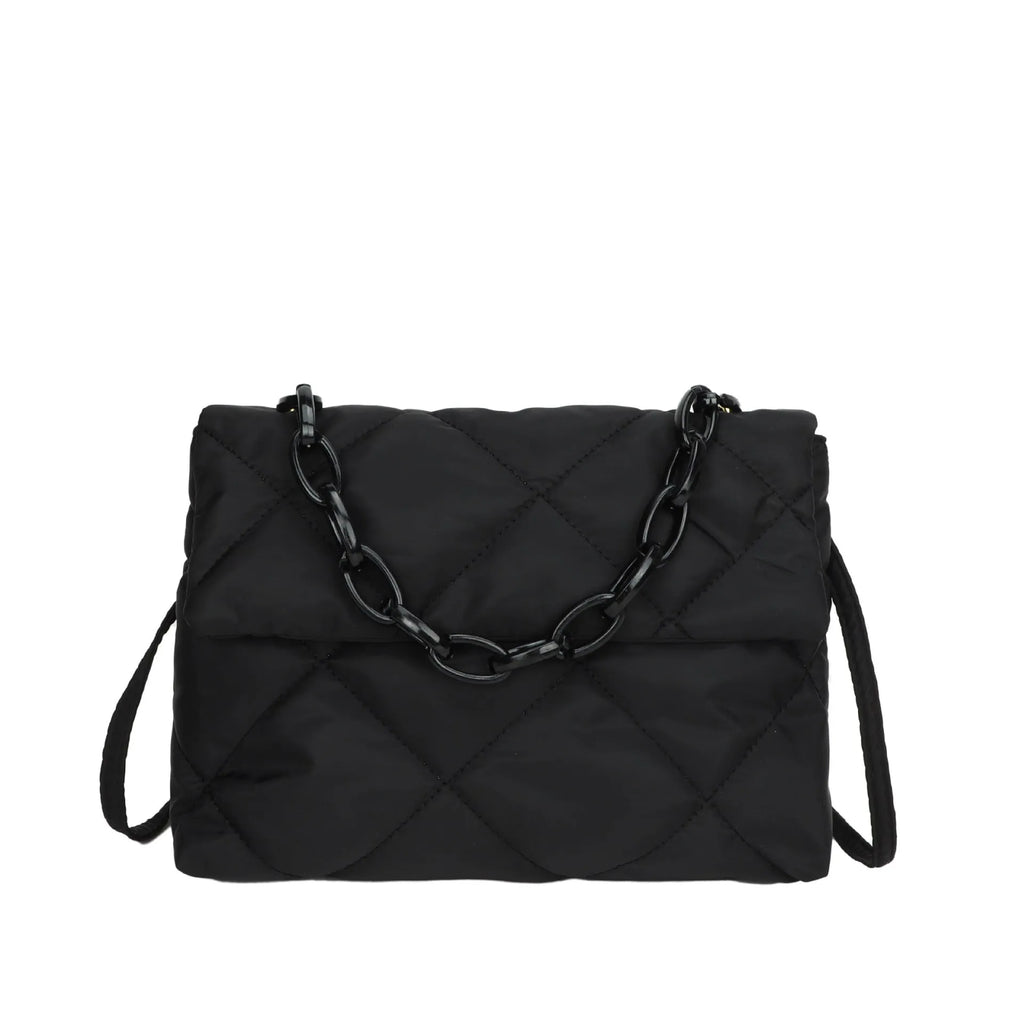 Nylon handbag with chain diagonal cross texture diamond grid, horizontal square shape, available in four colours