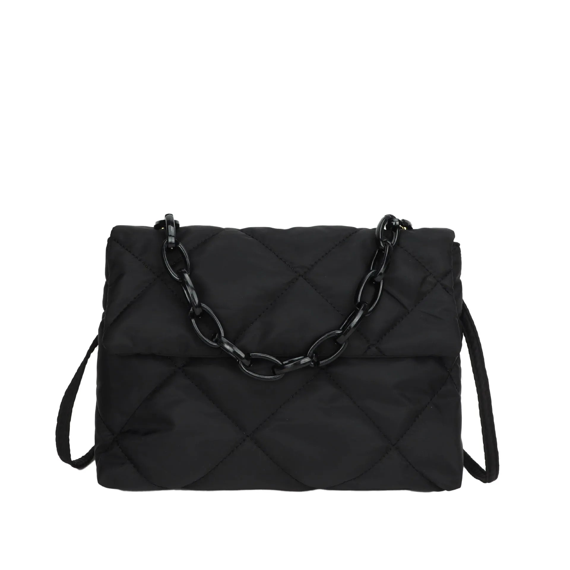 Nylon handbag with chain diagonal cross texture diamond grid, horizontal square shape, available in four colours