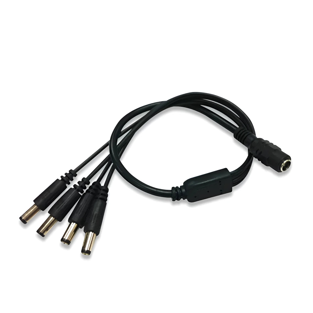 Black 12V DC 1-to-4 monitoring power splitter cable with 5.5mm connectors for CCTV cameras
