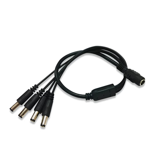 Black 12V DC 1-to-4 monitoring power splitter cable with 5.5mm connectors for CCTV cameras