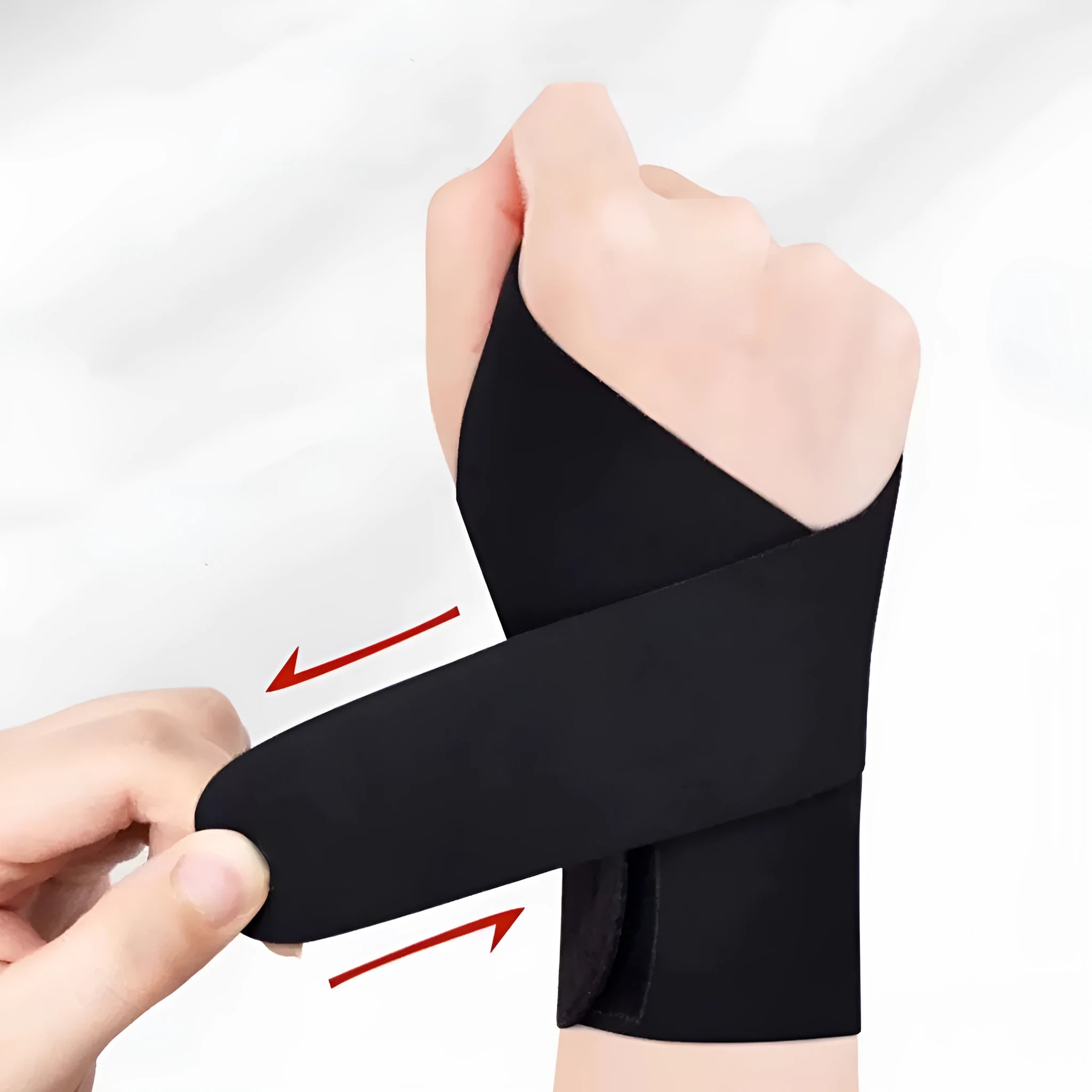 Adjustable black athletic wristguard shown on a wrist, suitable for badminton, tennis, and volleyball.