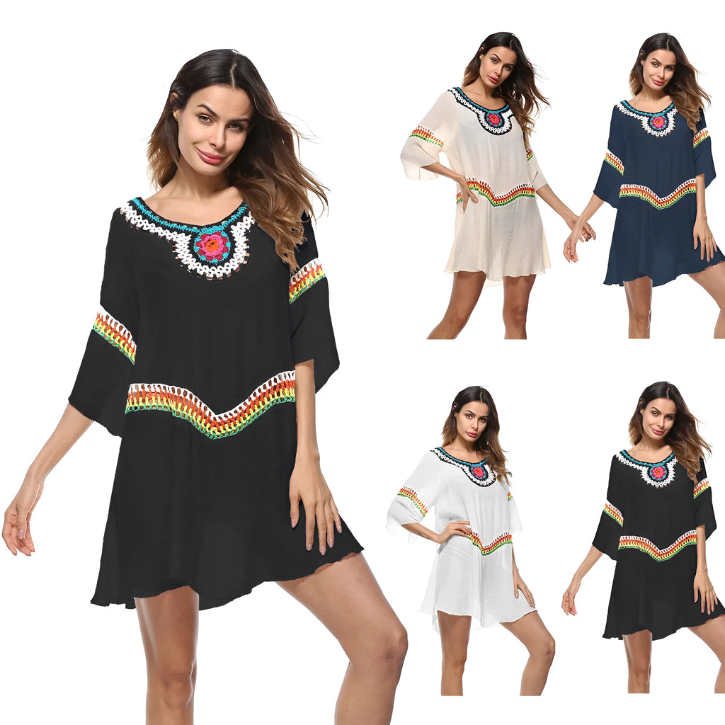 Women's crochet ethnic-style beach cover-up with long sleeves for sun protection