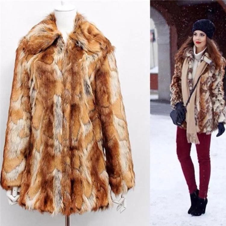 Women's tiger pattern faux fur leather jacket with medium length and long sleeves