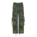 Retro colour blooming loose cargo denim trousers with multiple gradient patch pockets on a model.