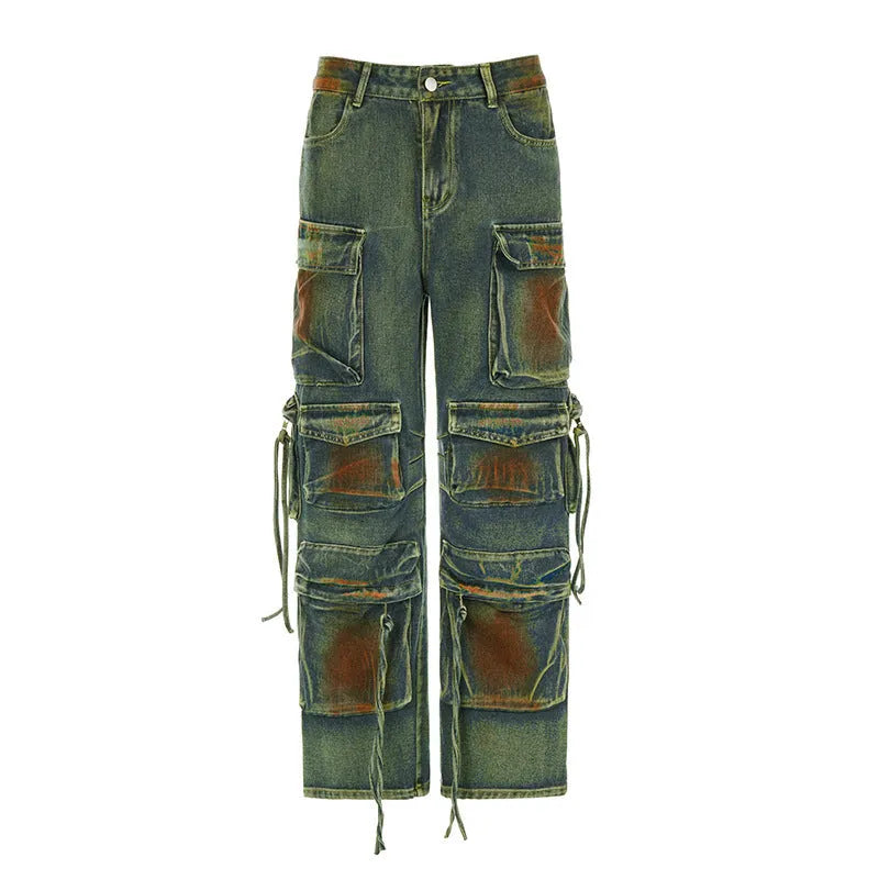 Retro colour blooming loose cargo denim trousers with multiple gradient patch pockets on a model.