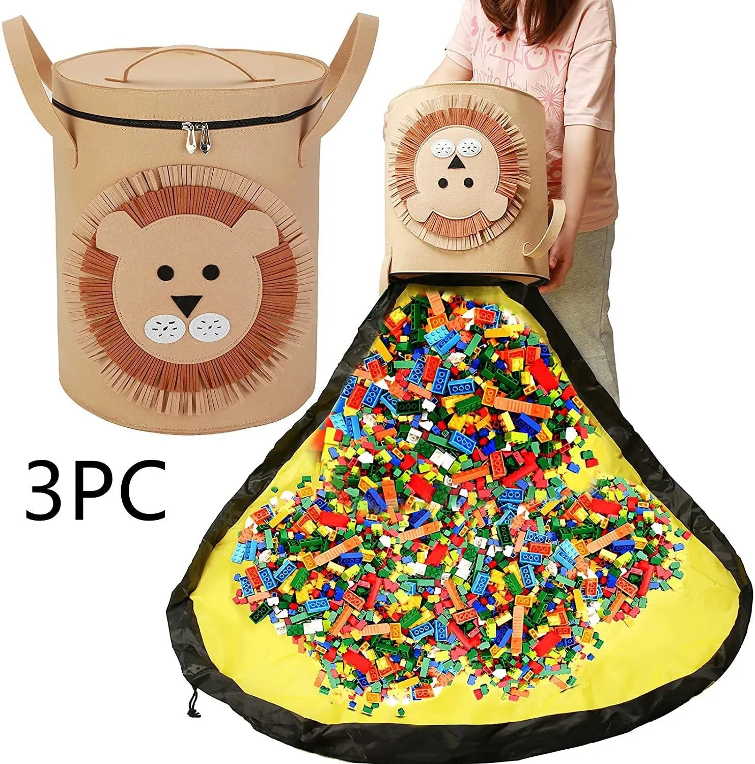 Green felt cube storage bag open as a play mat next to toys, showing pull rope closure