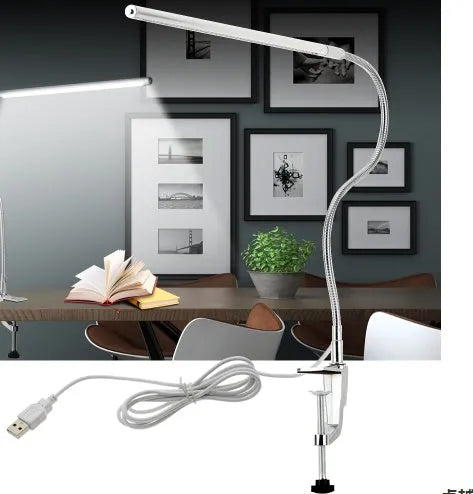 Silver aluminium LED nail lamp with long adjustable arm and clip mounting for workstation illumination