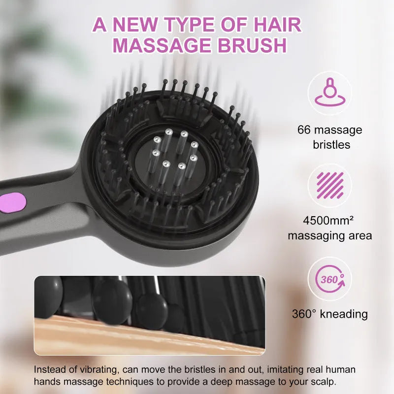 USB-powered head massage tingler with comb design in black, grey, or red, showing mechanical controls and two speed settings.