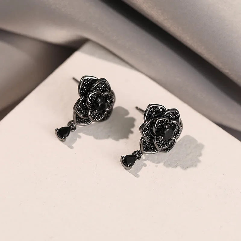Black rose flower-shaped stud earrings with zircon decorative accents for women