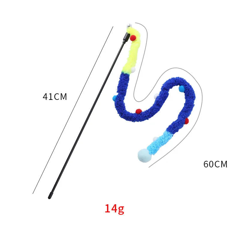 Cat wand toy with colourful feather and bell plush strip on 41cm pole
