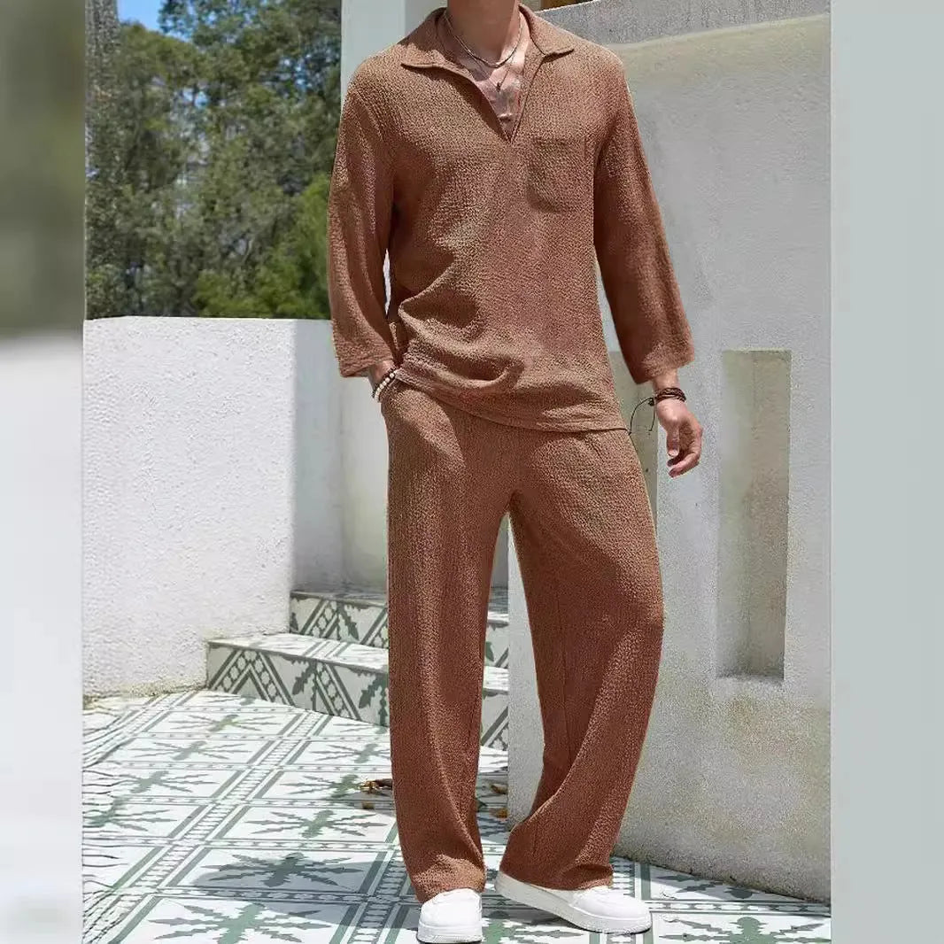 Men's casual shirt trousers commuter suit set in polyester fabric with four colour options
