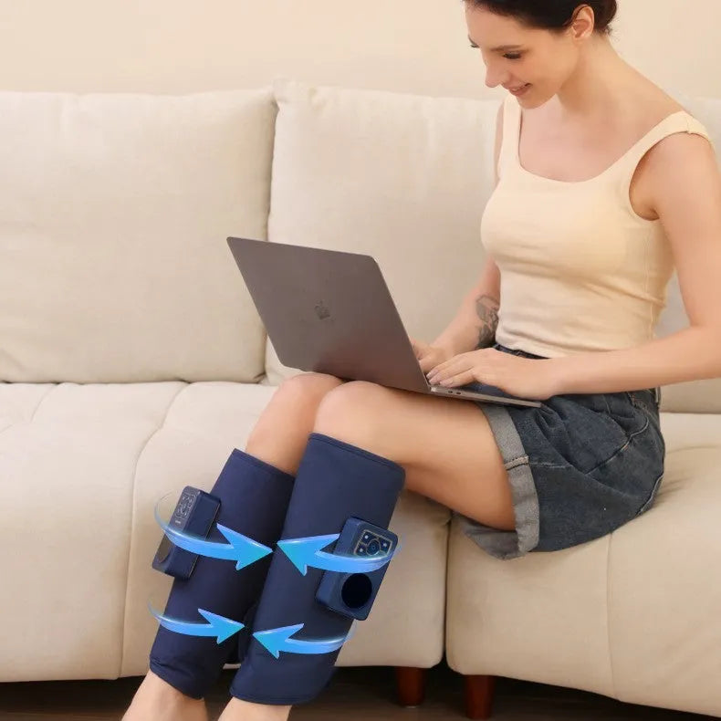 Calf airbag heating leg massager with SMS electric pulse and ultrasound vibration, showing two units