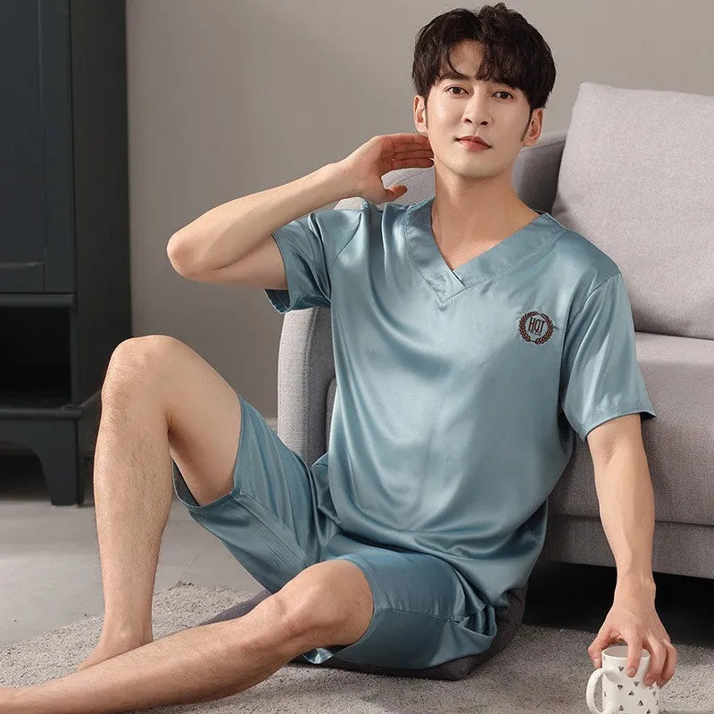 Men's loose-fitting ice silk pyjama set with short-sleeved shirt and shorts in various colour options