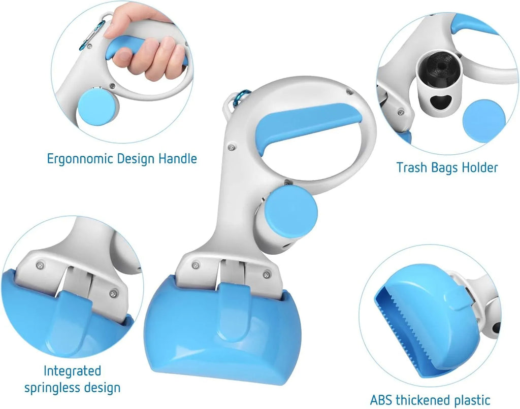 Blue ABS plastic pet pooper scooper with integrated trash bag holder and top carry hook.