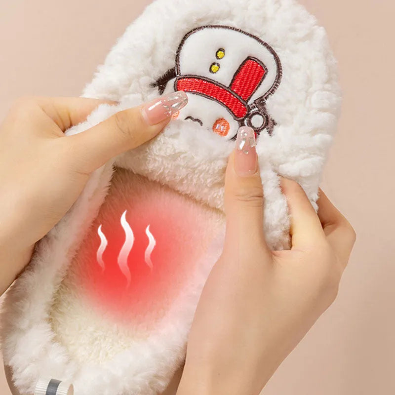 Cute snowman winter slippers in plush material with thick anti-slip PVC sole on indoor floor