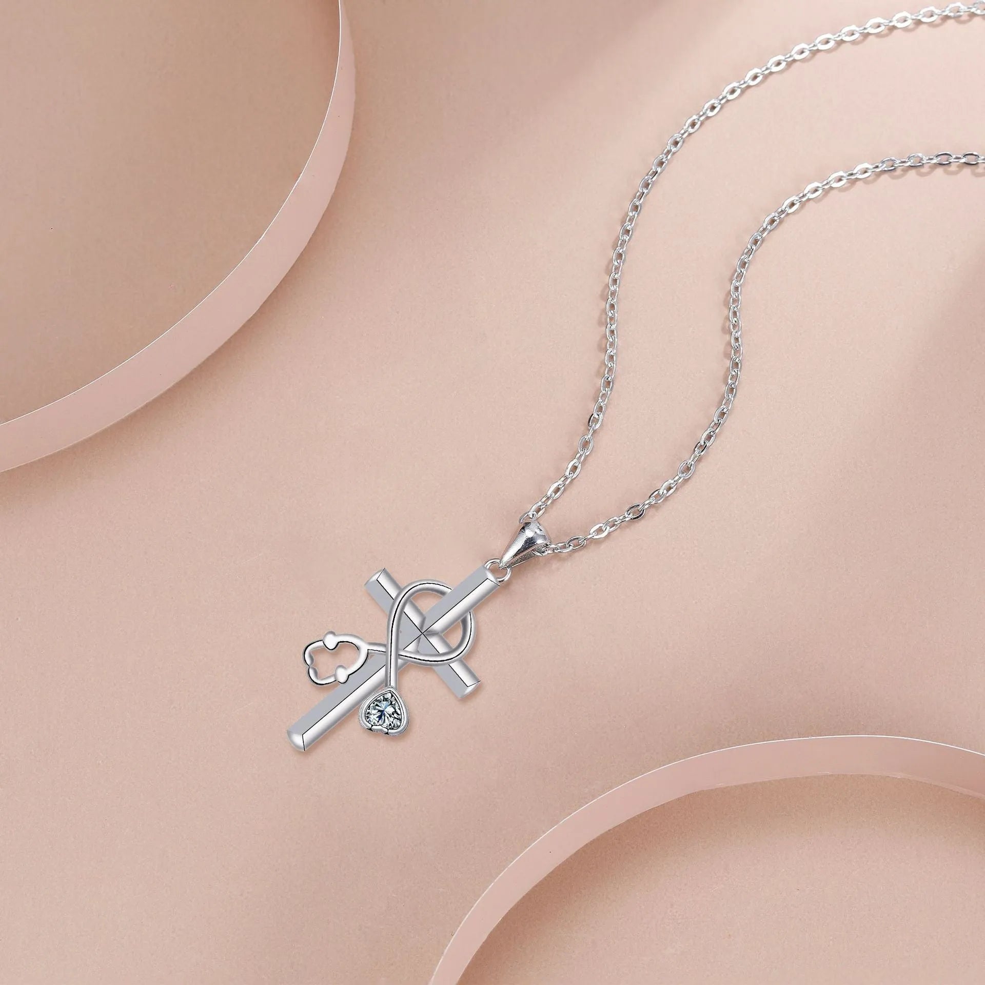 Copper cross stethoscope pendant necklace on cross chain for women