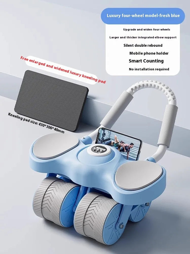 Blue abdominal exercise wheel with elbow supports on a grey floor.
