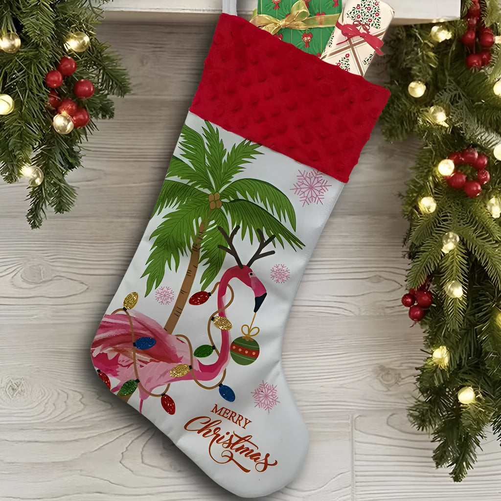 Flamingo design cloth Christmas stocking measuring 46 by 28 centimetres.