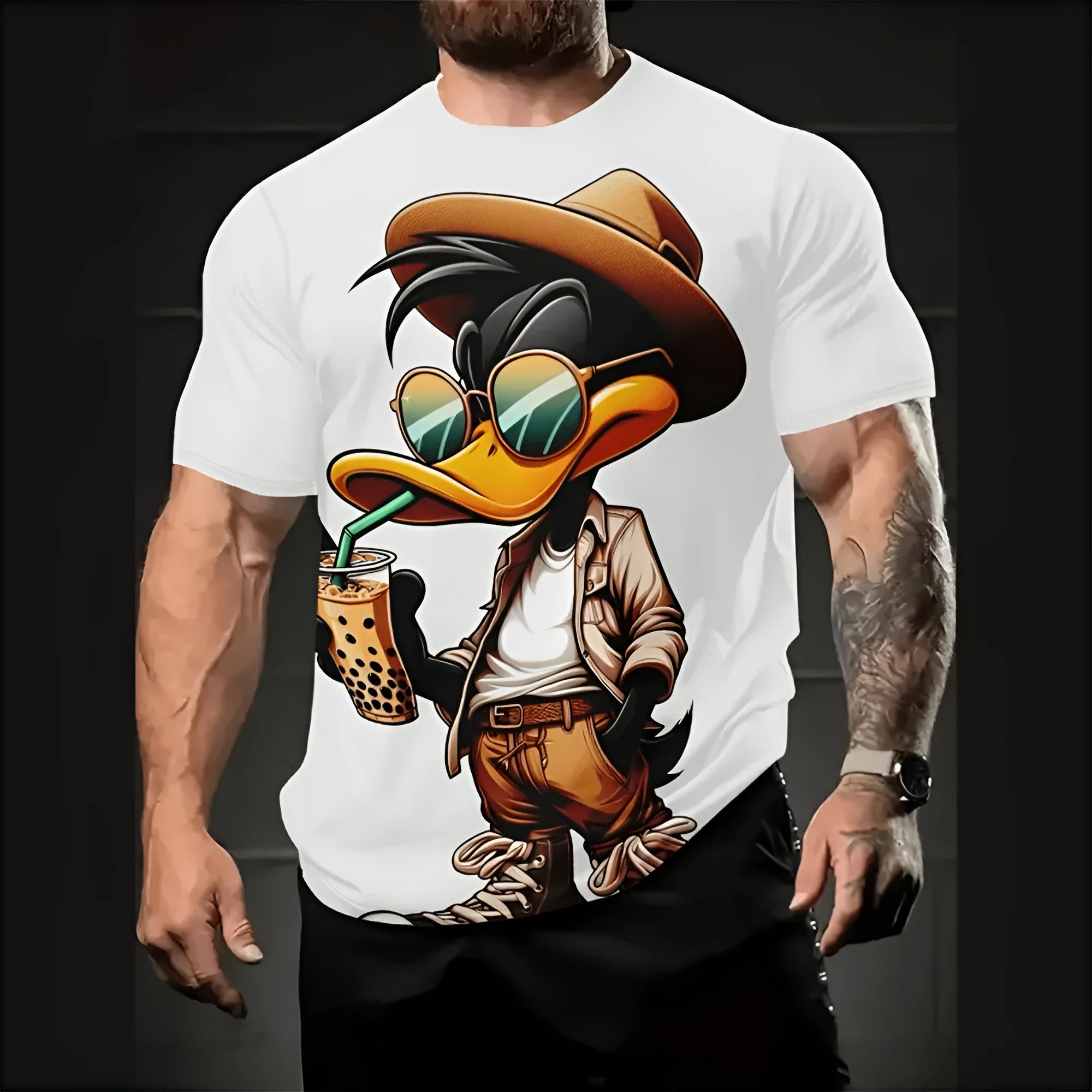 Men's loose fit cartoon print t-shirt in milk silk blend fabric showing 3D design detail