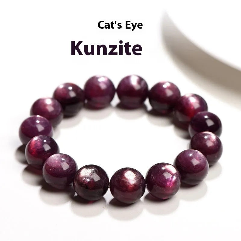 Natural purple lepidolite crystal round bead bracelet on a white background, showing available bead sizes.