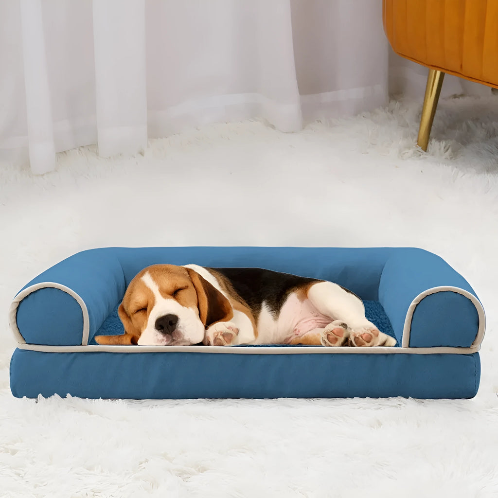 Square blue cloth dog bed with sponge filling, shown alongside dark grey, khaki, and beige colour options.