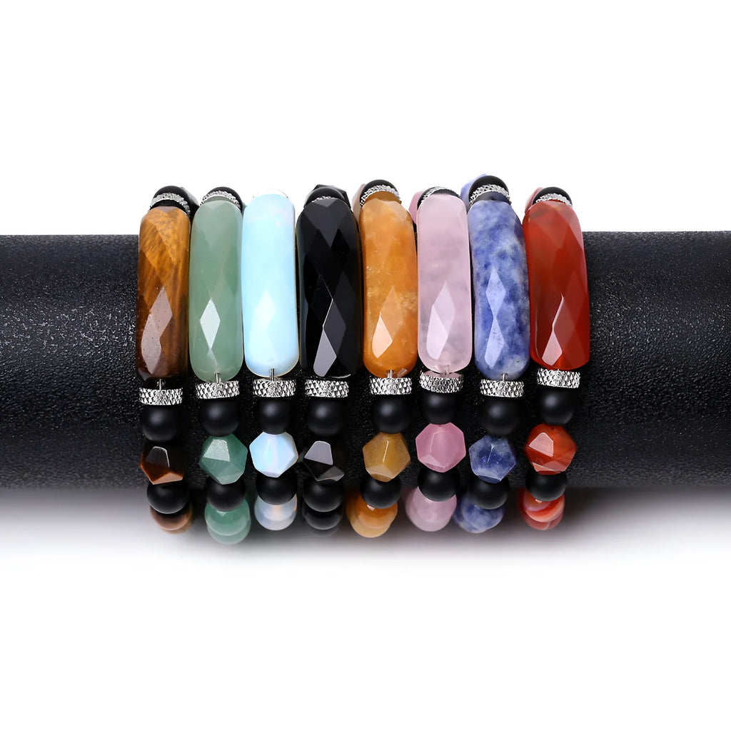 Handmade diamond-shaped cut agate geometric bracelet with fan design elements