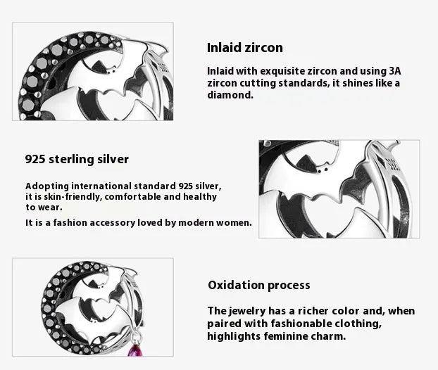 925 silver black zircon moon bead with drip oil finish approximately 1.6 by 1.3 centimetres