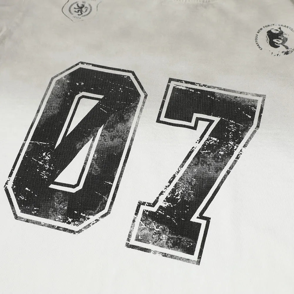 Men's black and white pure cotton short-sleeved t-shirt with a printed design, shown in sizes S to XL.