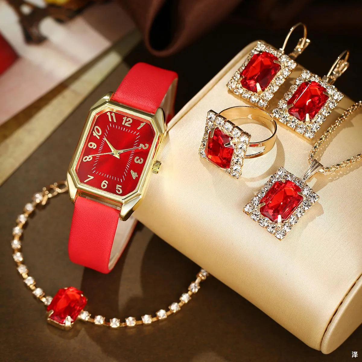 Leather women's square quartz watch set with rhinestone jewellery necklace earrings ring in white