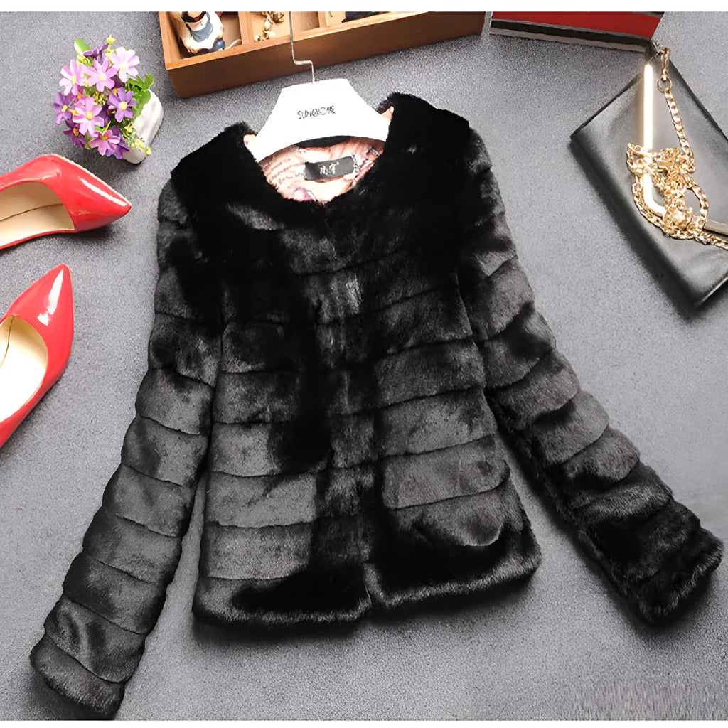 Women's short length faux fur top in beige, shown on a model for street fashion.