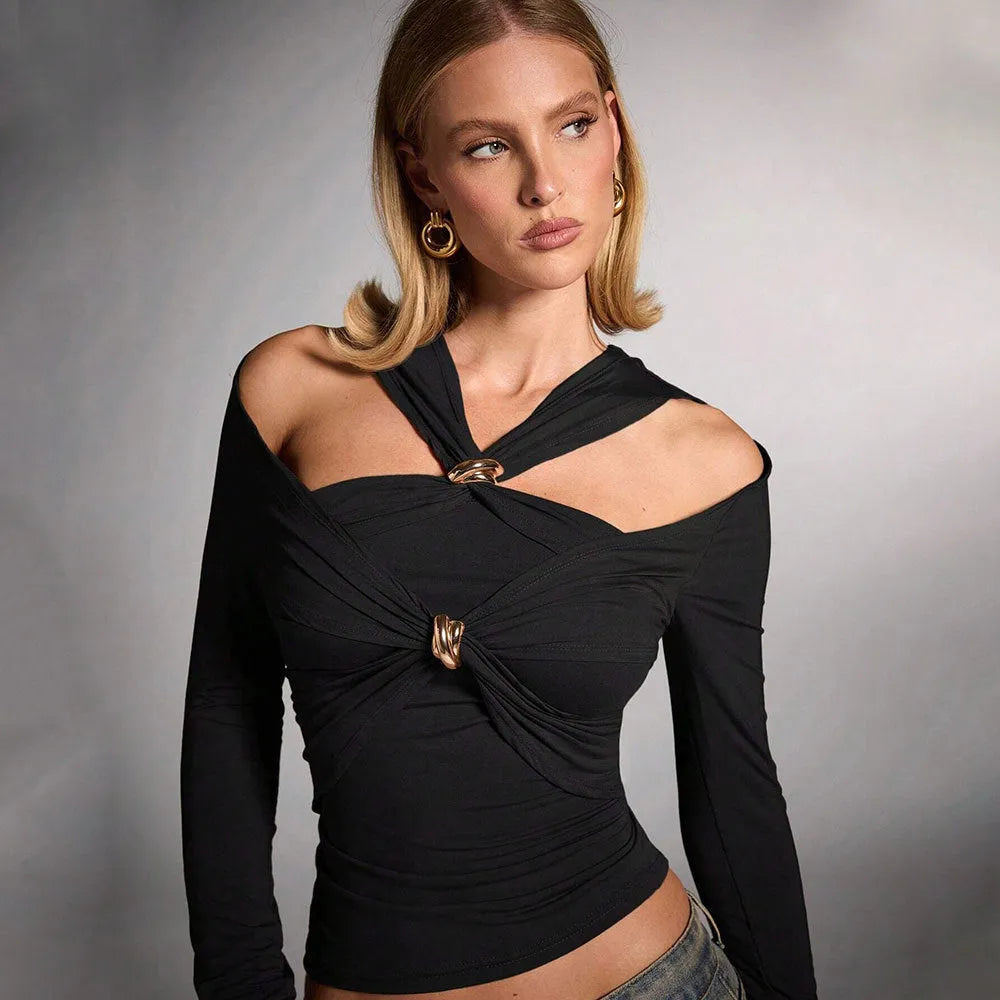 Black women's halter neck slim fit top with long sleeves on mannequin