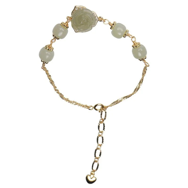 Original design Hetian jade rose women's bracelet with 14K gilded finish and flower shape