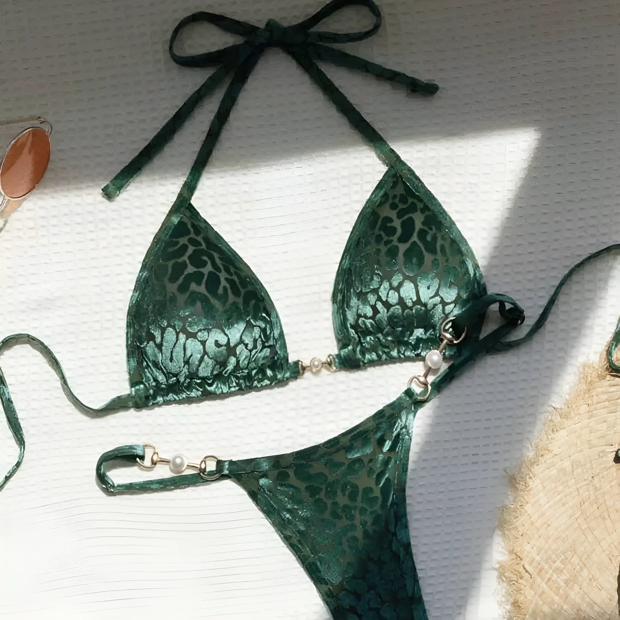 Women's leopard print bikini set with T-shaped design in polyester spandex fabric
