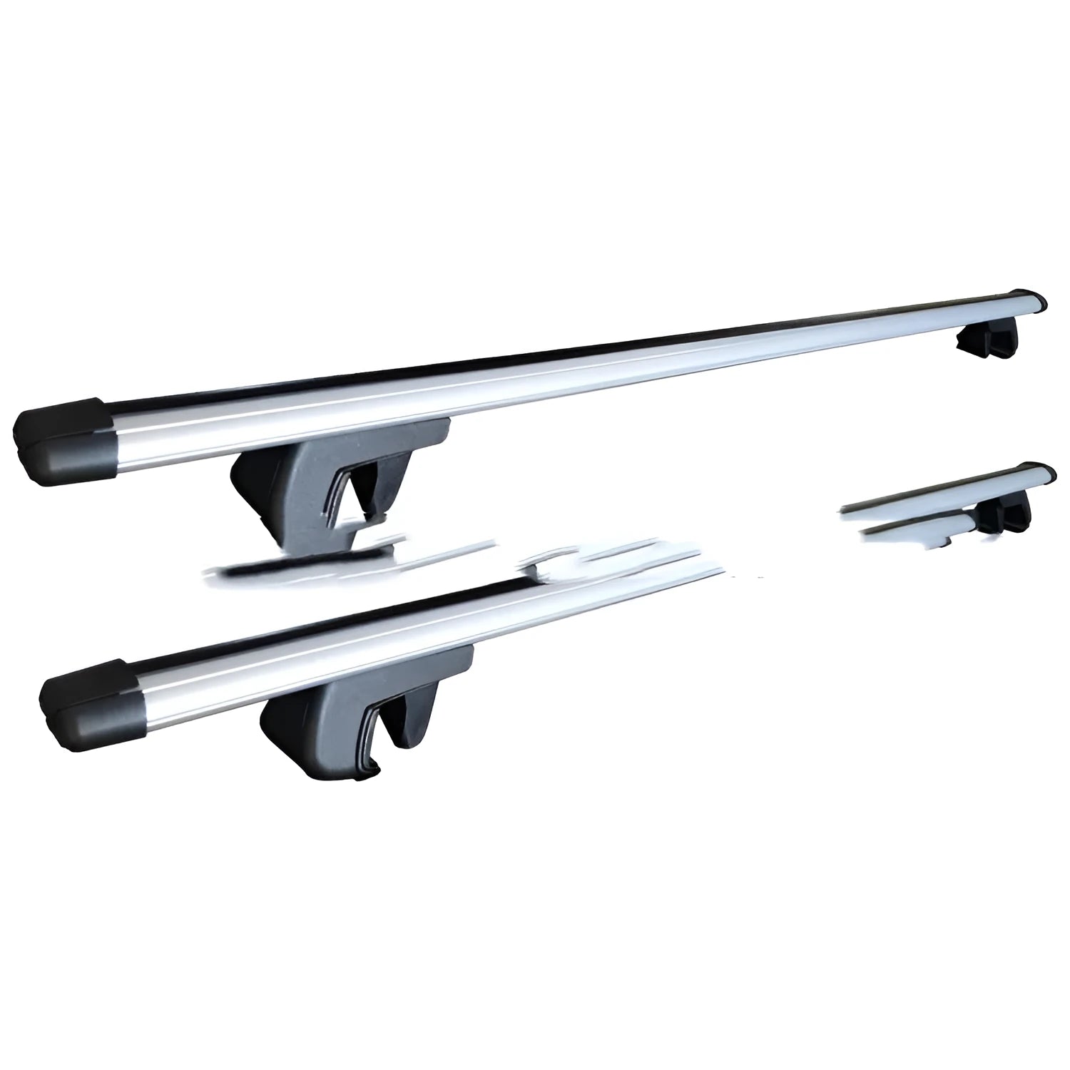Alloy roof rack crossbar kit for General Motors SUV on a vehicle roof, showing adjustable length.