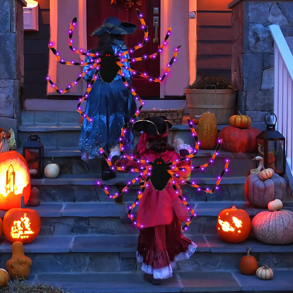 Halloween spider backpack with LED lights in plush construction showing orange purple light colour variant