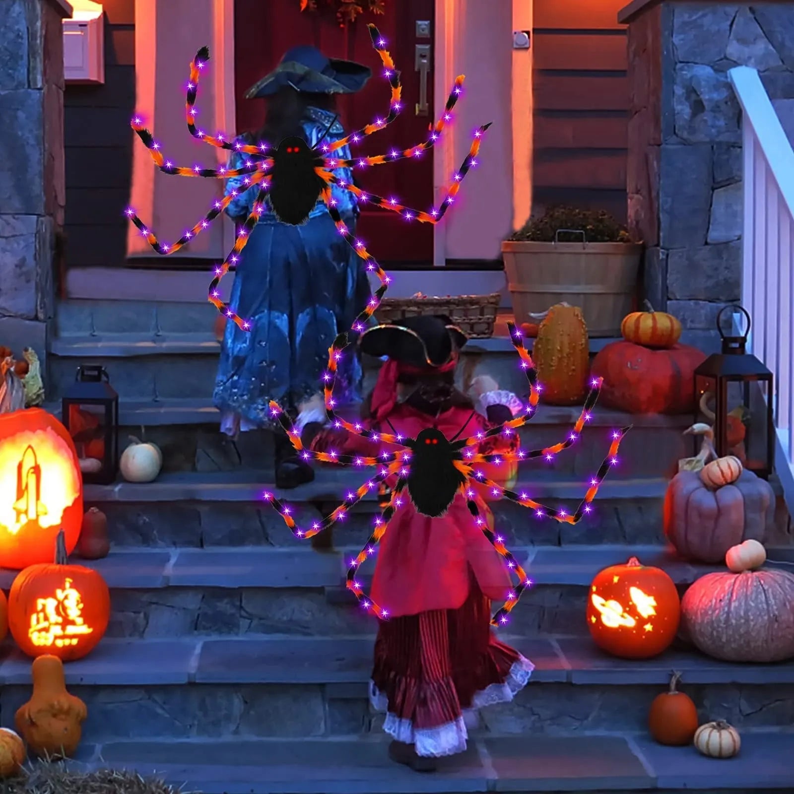 Halloween spider backpack with LED lights in plush construction showing orange purple light colour variant