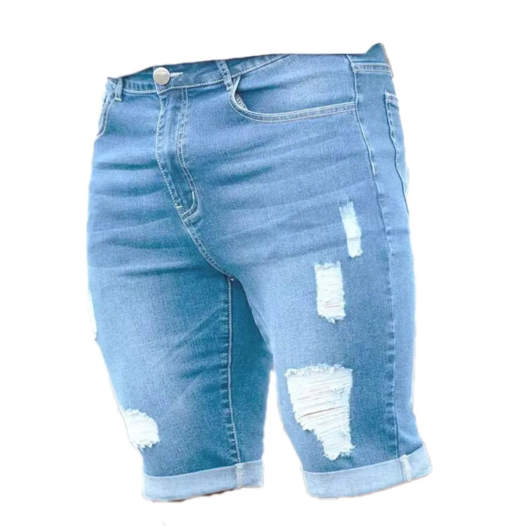 Sky blue men's denim shorts with a multi-hole design and low waist.