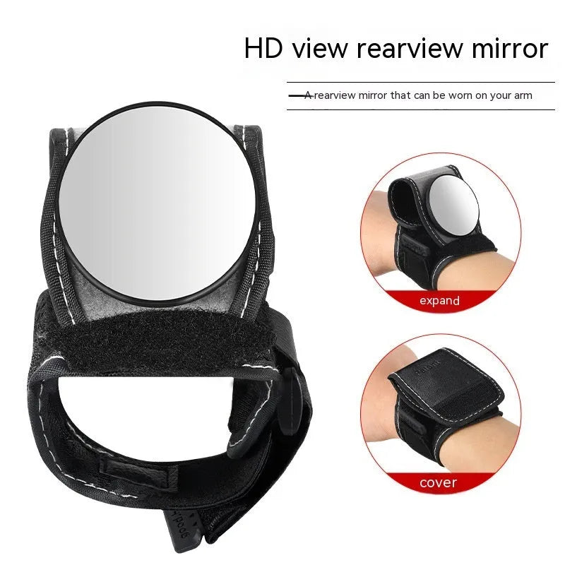 Black nylon wrist-mounted cycling rearview mirror with adjustable arm